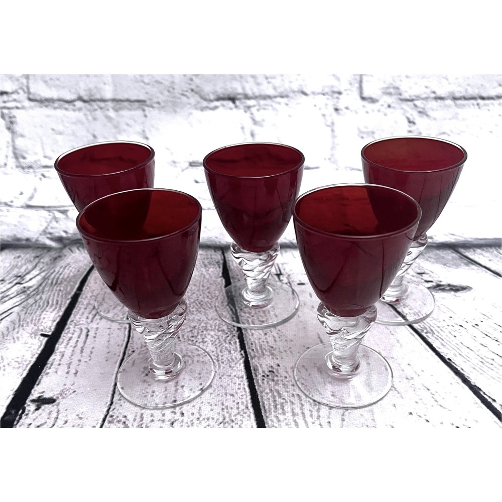 Vintage Empoli Ruby Red Cocktail Cordial Glasses Set of 5 Twisted Stem-Rare